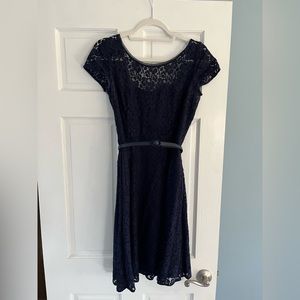 Navy White House Black Market belted, lined dress